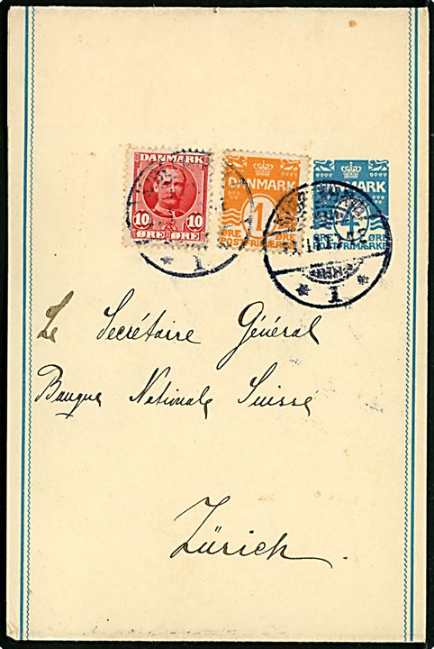 4 øre helsagskorsbånd opfrankeret med 1 øre Bølgelinie og 10 øre Fr. VIII og sendt som 3. vægtkl. tryksag fra Danmarks Nationalbank stemplet Kjøbenhavn I d. 21.1.1911 (svag dato) til Zürich, Schweiz.