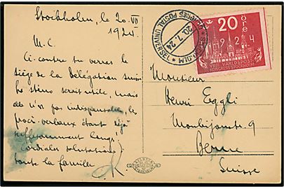 20 öre UPU Kongres på brevkort annulleret med særstempel Stockholm * Congres Postal Universel * d. 20.7.1924 til Bern, Schweiz. Lidt misfarvet.