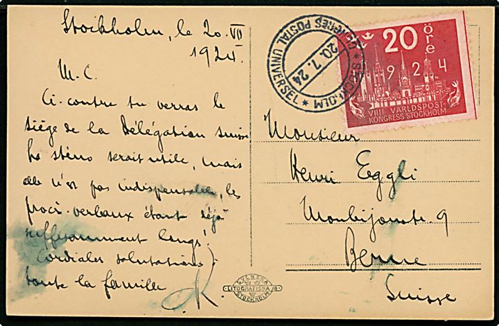 20 öre UPU Kongres på brevkort annulleret med særstempel Stockholm * Congres Postal Universel * d. 20.7.1924 til Bern, Schweiz. Lidt misfarvet.