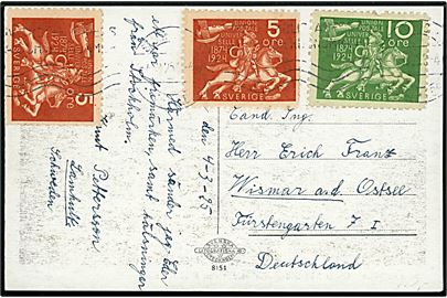 5 öre (2) og 10 öre UPU 50 år på brevkort fra Stockholm d. 4.3.1925 til Wismar, Tyskland.