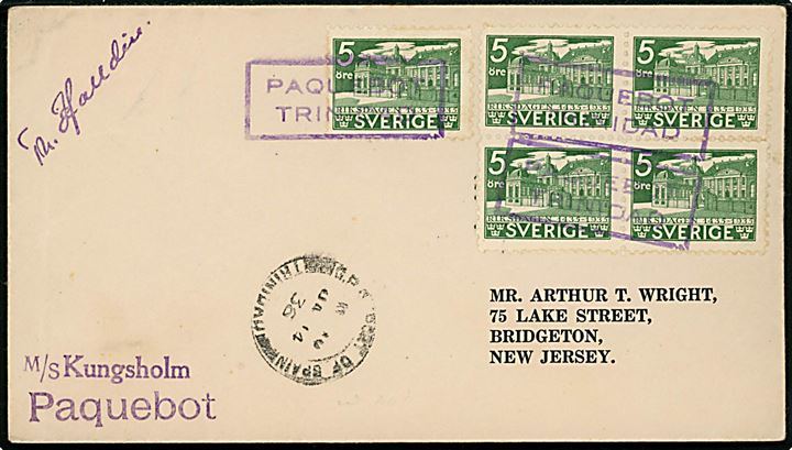 5 öre Riksdagen 500 år (5) på filatelistisk skibsbrev fra M/S Kungsholm annulleret Paquebot Trinidad og sidestemplet G.P.O. Port of Spaim Trinidad d. 14.1.1936 til Bridgeton, USA.