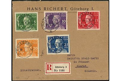 Komplet sæt Gustaf 70 år på anbefalet brev fra Stockholm d. 19.6.1928 til Glarus, Schweiz.