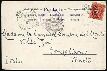 10 øre Posthorn på brevkort (Norsk teltlejr i Advent Bay på Spitzbergen) annulleret i Digermulen d. 19.6.1904 og sidestemplet SPITZBERGEN * 15. Juli 1904 * til Conegliano, Italien.