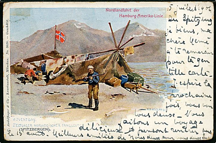 10 øre Posthorn på brevkort (Norsk teltlejr i Advent Bay på Spitzbergen) annulleret i Digermulen d. 19.6.1904 og sidestemplet SPITZBERGEN * 15. Juli 1904 * til Conegliano, Italien.