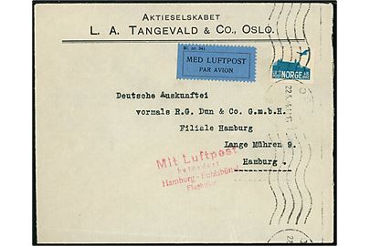45 øre Luftpost single på luftpostbrev fra Oslo d. 22.5.1934 til Hamburg, Tyskland. Tysk luftpost stempel: Mit Luftpost befördert Hamburg-Fuhlsbüttel Flughafen.