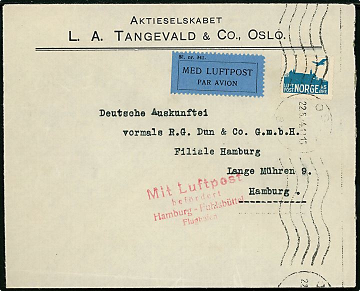 45 øre Luftpost single på luftpostbrev fra Oslo d. 22.5.1934 til Hamburg, Tyskland. Tysk luftpost stempel: Mit Luftpost befördert Hamburg-Fuhlsbüttel Flughafen.