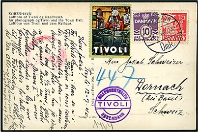 10 øre Bølgelinie og 15 øre Karavel, samt Chr. X Tivoli mærkat på brevkort fra København d. 12.7.1940 til Dornach, Schweiz. Tysk censur.