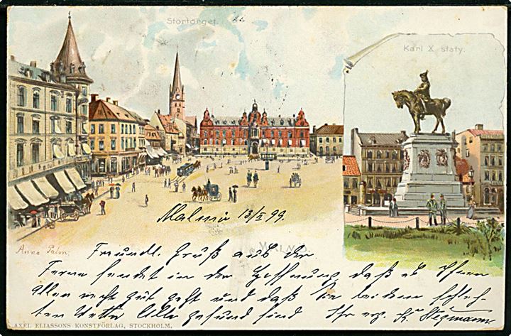 1 öre, 2 öre, 3 öre og 4 öre Ciffer udg. på 4-farve frankeret brevkort (Malmö, Karl X statue og Stortorget) fra Malmö annulleret med bureaustempel PKXP. No. 91 d. 13.2.1899 via Trelleborg - Sassnitz *A* d. 14.2.1899 til Frauenfeld, Schweiz.