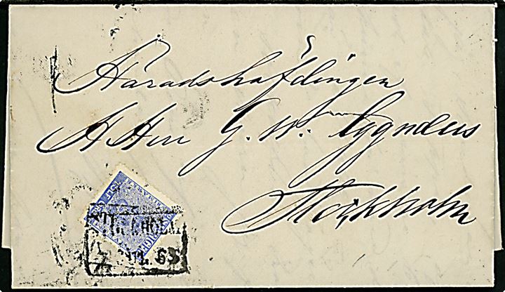 12 öre Våben på brev annulleret med rammestempel Stockholm d. 7.7.1865 til Stockholm.