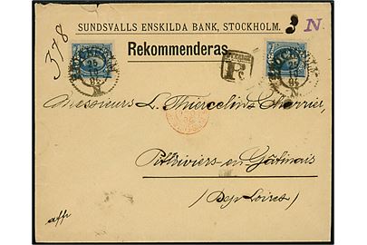 20 öre Oscar II (2) på anbefalet brev fra Stockholm d. 25.10.1894 til Pithivers, Frankrig. Urent åbnet i toppen.