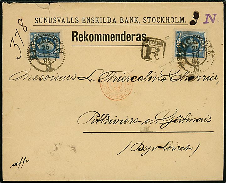 20 öre Oscar II (2) på anbefalet brev fra Stockholm d. 25.10.1894 til Pithivers, Frankrig. Urent åbnet i toppen.