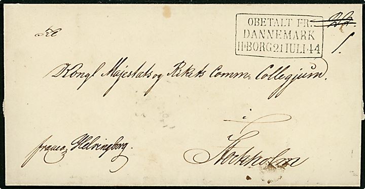 1844. Francobrev mærket Franco Helsingborg med afs.stempel Kongl. Svenska och Norska Konsulatet i Rønne og rammestempel OBETALT FR. DANNEMARK H.BORG 21. JULI 44 til Stockholm, Sverige. Befordret i Sverige som portofri tjenestebrev. Enestående tidlig forsendelse fra Bornholm. Tidligere solgt hos Köhler sept. 2017 lot 6644 og Corinphila juni 2019 lot 1650.