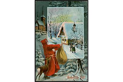 Julemand i rød kåbe. Glædelig Jul. L.&P. no. 3671. Frankeret med 3 øre Bølgelinie og Julemærke 1912.