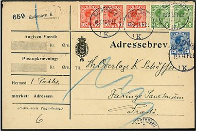 5 øre (par), 10 øre (3-stribe) og 20 øre Chr. X på 60 øre frankeret adressebrev for pakke fra Kjøbenhavn d. 13.3.1917 til Overlæge K. Schäffer ved Faxinge Sanatorium pr. Præstø.