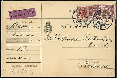 15 øre Bølgelinie i parstykke og 50 øre Fr. VIII på adressebrev for værdipakke med 10.000 kr. fra Nationalbanken stemplet Kjøbenhavn *I* d. 6.6.1912 til Næstved.