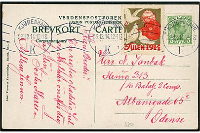 5 øre Chr. X, med variant Farveløse pletter over begge A'er i DANMARK - pos. 60 i del af oplag, samt Julemærke 1914 på brevkort fra Kjøbenhavn d. 23.12.1914 til soldat ved 13 Bat. 3. Komp. i Odense. 