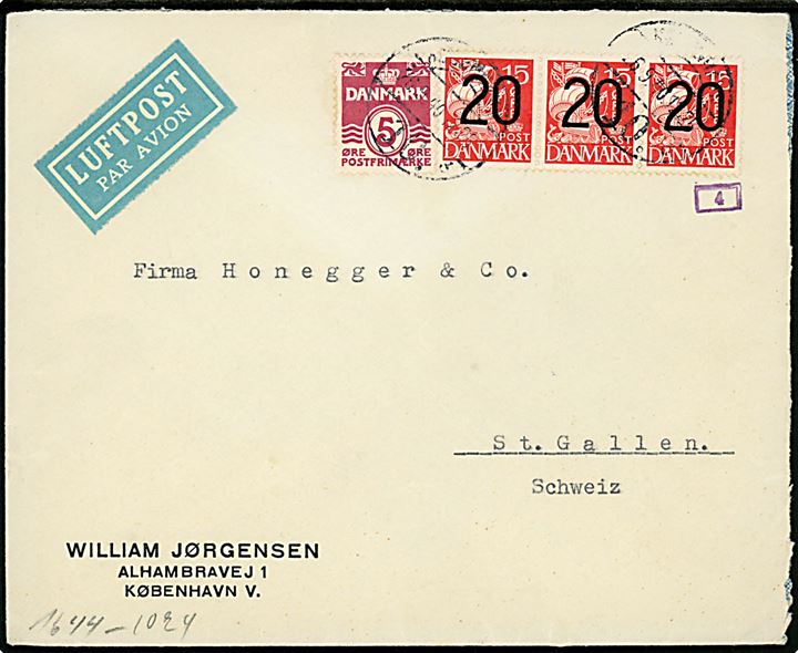 5 øre Bølgelinie og 20/15 øre Provisorium i 3-stribe på 65 øre frankeret luftpostbrev fra København d. 26.9.1940 til St. Gallen, Schweiz. Åbnet af tysk censur i Berlin.