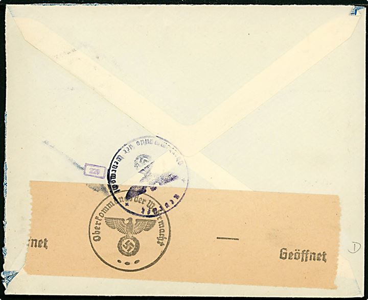 5 øre Bølgelinie og 20/15 øre Provisorium i 3-stribe på 65 øre frankeret luftpostbrev fra København d. 26.9.1940 til St. Gallen, Schweiz. Åbnet af tysk censur i Berlin.