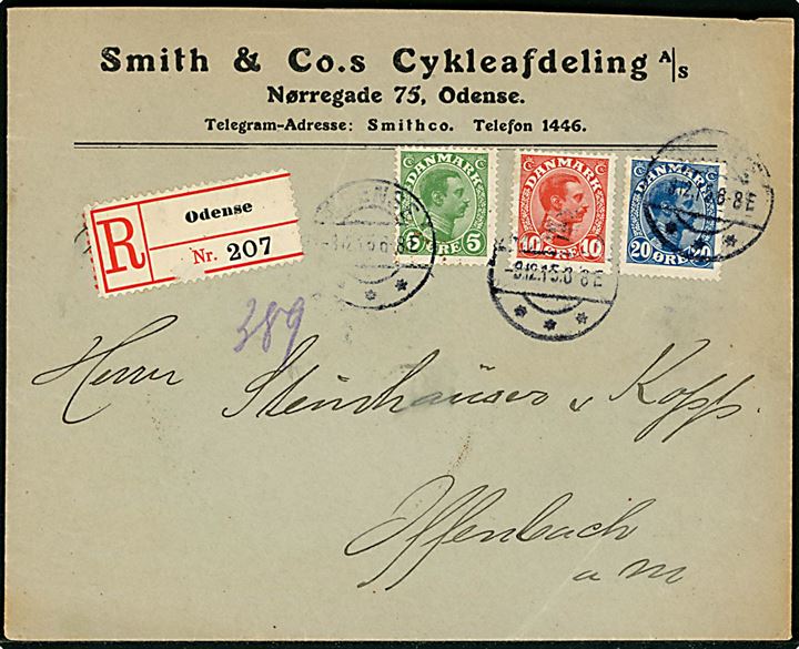 5 øre, 10 øre og 20 øre Chr. X på firmakuvert fra Smith & Co.s Cykleafdeling A/S sendt som 35 øre frankeret anbefalet brev annulleret brotype IIa Odense d. 9.12.1915 til Offenbach, Tyskland. Uden tegn på censur.