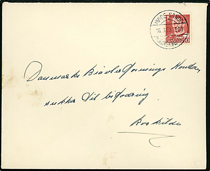 20 øre Fr. IX på brev annulleret med pr.-stempel Hvide Sande pr. Ringkøbing d. 16.3.1950 til Roskilde.