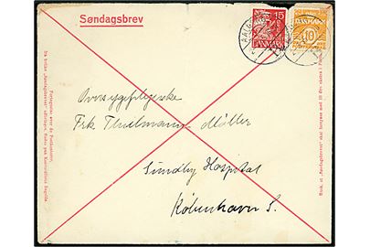 10 øre Bølgelinie og 15 øre Karavel på fortrykt Søndagsbrev-kuvert, med posthusfortegnelse på bagsiden, annulleret Aalborg B. d. 2.3.1935 til Sundby Hospital, København. Urent åbnet i toppen.