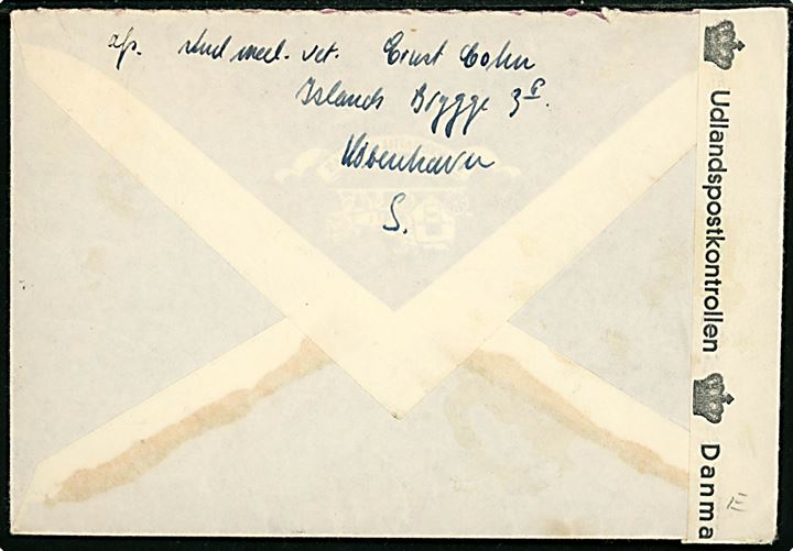 1 øre (3) og 2 øre Bølgelinie og 15 øre Chr. X på brev fra København d. 1.8.1945 til Äppelviken, Sverige. Åbnet af dansk efterkrigscensur (krone)/219/Danmark. 1 og 2 øre udg. er udpakkede Frimærkepenge (Nød skillemønt).