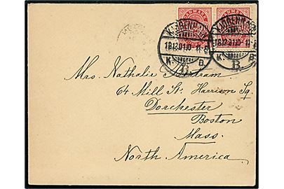 10 øre Våben i parstykke på brev fra Kjøbenhavn d. 18.12.1901 til Dorchester, Boston, USA. Ank.stemplet i Boston d. 31.12.1901.