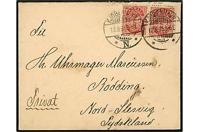 10 øre Våben i parstykke på brev fra Kjøbenhavn d. 112.8.1895 til Rødding i Nordslesvig. 