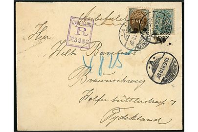 16 øre Tofarvet omv. rm. og 20 øre Våben på 36 øre frankeret anbefalet brev fra Kjøbenhavn d. 15.6.1897 til Braunschweig, Tyskland.