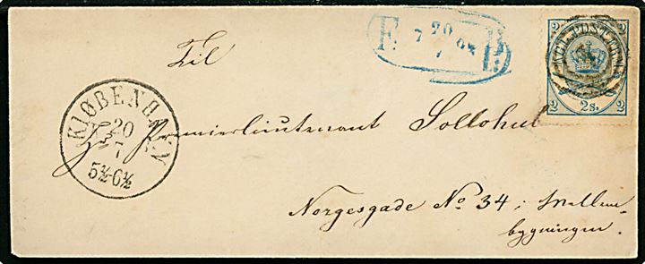 2 sk. Krone/Scepter på lokalt fodpostbrev i København annulleret med nr.stempel 1 og sidestemplet Kiøbenhavn KB d. 20.7., samt ovalt fodpoststempel F:P: d. 20.7.186?. På bagsiden blåt lapidar Kjøbenhavns Fodp. d. 20.7.18?.