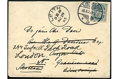 20 øre Våben på brev fra Kjøbenhavn d. 26.8.1903 til Edinburgh, Scotland - eftersendt til London med transit stempel Leith d. 29.8.1903. Bagklap mgl.