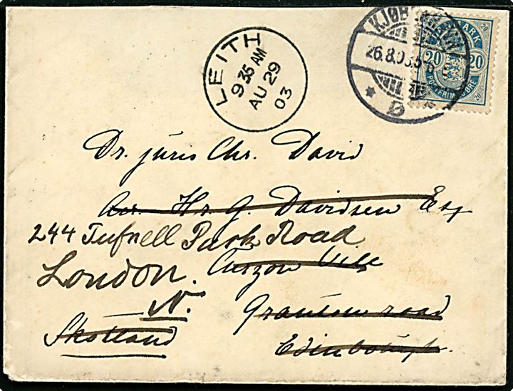 20 øre Våben på brev fra Kjøbenhavn d. 26.8.1903 til Edinburgh, Scotland - eftersendt til London med transit stempel Leith d. 29.8.1903. Bagklap mgl.