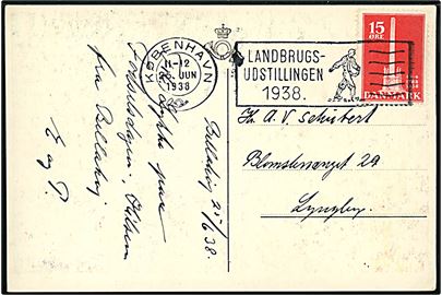 15 øre Stavnsbåndet på brevkort annulleret med sær-maskinstempel København / Landbrugs-udstillingen 1938 d. 25.6.1938 til Lyngby.