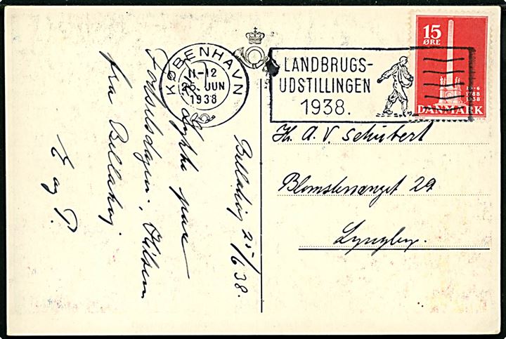 15 øre Stavnsbåndet på brevkort annulleret med sær-maskinstempel København / Landbrugs-udstillingen 1938 d. 25.6.1938 til Lyngby.