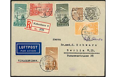 25 øre Karavel, 50 øre Chr. X og komplet sæt Luftpost på anbefalet luftpostbrev fra København d. 13.7.1935 til Berlin, Tyskland.