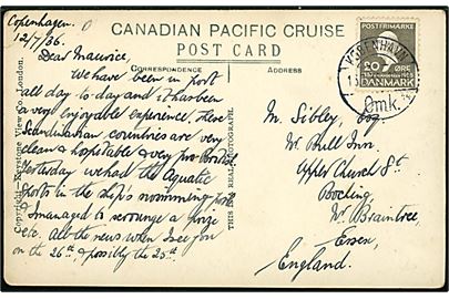 20 øre H. C. Andersen single på Canadian Pacific Cruise postkort fra København d. 13.7.1936 til England.