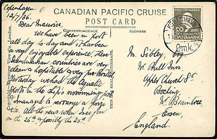 20 øre H. C. Andersen single på Canadian Pacific Cruise postkort fra København d. 13.7.1936 til England.