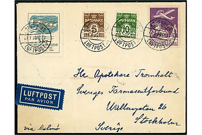 5 øre, 10 øre Bølgelinie, 15 øre Luftpost og 5 kr. Robert Svendsen Sundflyvning mærkat på luftpostbrev annulleret København Luftpost sn2 d. 17.7.1930 via Malmö 1 Luftpost d. 17.7.1930 til Stockholm, Sverige.