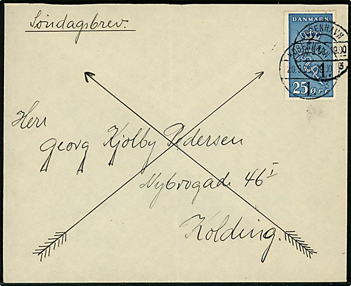 25+5 øre Kræftmærke single på søndagsbrev fra København d. 20.9.1930 til Kolding.