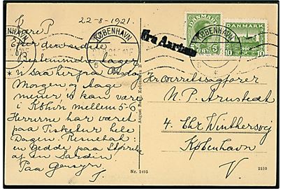5 øre Chr. X og 10 øre Genforening på brevkort annulleret København d. 23.8.1921 og sidestemplet Fra Aarhus til København.