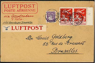 15 øre Chr. IV Postjubilæum og 25 øre Luftpost i parstykke på filatelistisk luftpostbrev fra København d. 15.7.1925 til Bruxelles, Belgien. Påskrevet via Amsterdam med stor DDL luftpostetiket.