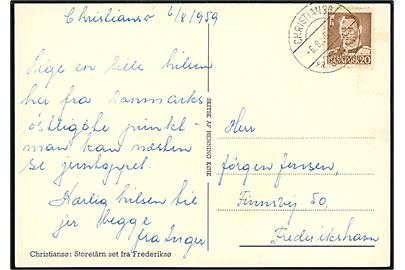 20 øre Fr. IX på brevkort (Henning Køie: Storetårn set fra Frederiksø) annulleret med pr.-stempel Christiansø pr. Svaneke d. 6.8.1959 til Frederikshavn.