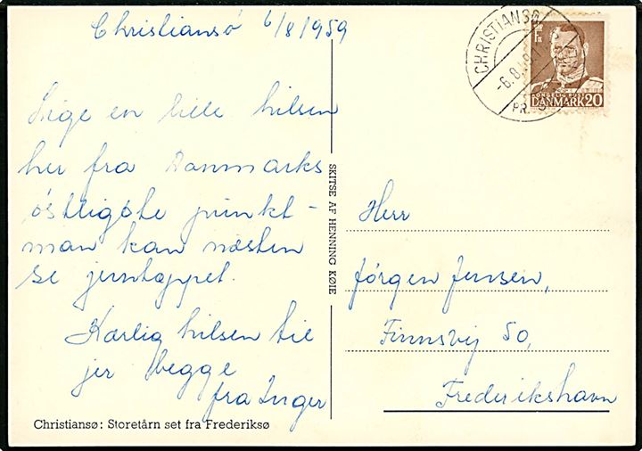 20 øre Fr. IX på brevkort (Henning Køie: Storetårn set fra Frederiksø) annulleret med pr.-stempel Christiansø pr. Svaneke d. 6.8.1959 til Frederikshavn.