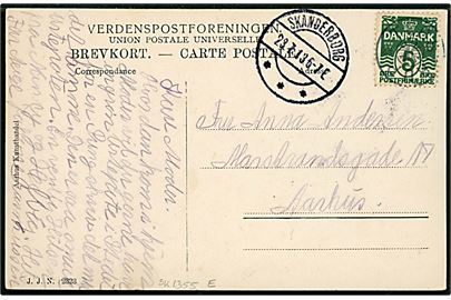 5 øre Bølgelinie på brevkort (Kastbjerg med gadeparti og skole) annulleret med stjernestempel TEBSTRUP og sidestemplet Skanderborg d. 23.7.1913 til Aarhus. 