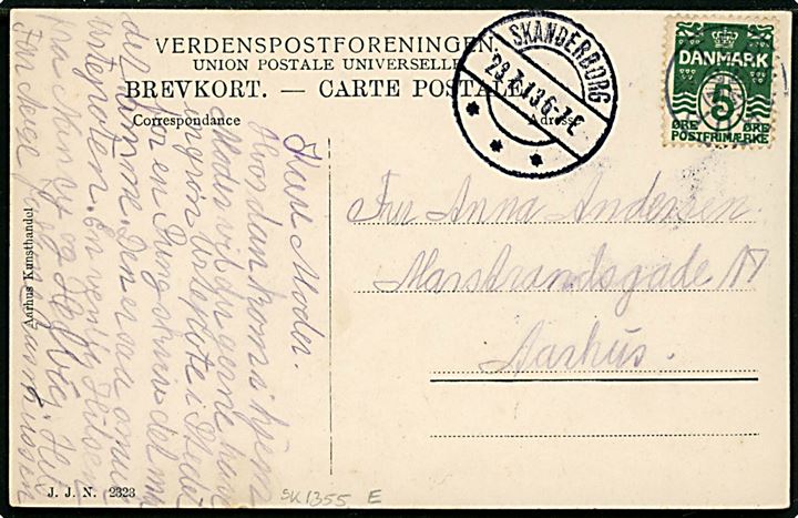 5 øre Bølgelinie på brevkort (Kastbjerg med gadeparti og skole) annulleret med stjernestempel TEBSTRUP og sidestemplet Skanderborg d. 23.7.1913 til Aarhus. 