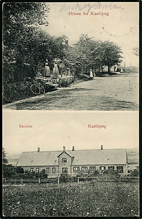 5 øre Bølgelinie på brevkort (Kastbjerg med gadeparti og skole) annulleret med stjernestempel TEBSTRUP og sidestemplet Skanderborg d. 23.7.1913 til Aarhus. 