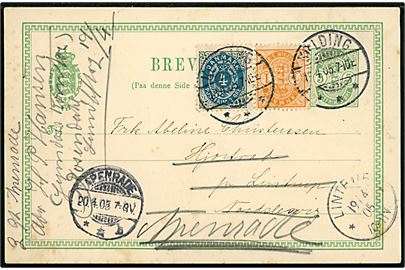 5 øre Våben helsagsbrevkort opfrankeret med 1 øre Våben og 4 øre Tofarvet fra Kolding d. 1.4.1905 til Lintrup i Nordslesvig - eftersendt til Apenrade.