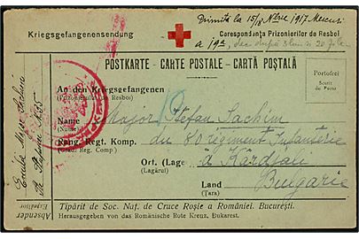 Ufrankeret spørgedel af dobbelt krigsfange-brevkort fra Rumænsk Røde Kors sendt fra Bukarest d. 30/7/1917 til rumænsk officer ved 80. Infanteriregiment i bulgarsk krigsfangelejr i Kardzjali, Bulgarien.