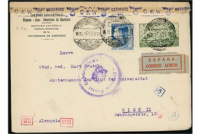 75 cts. Ano Santo og 2 pts. Luftpost på luftpostbrev fra Santiago d. 18.11.1943 via buream Santiago-Vigo og Madrid til Wien, i tyskbesat Østrig. Både spansk og tysk censur.