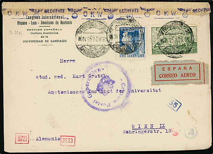 75 cts. Ano Santo og 2 pts. Luftpost på luftpostbrev fra Santiago d. 18.11.1943 via buream Santiago-Vigo og Madrid til Wien, i tyskbesat Østrig. Både spansk og tysk censur.